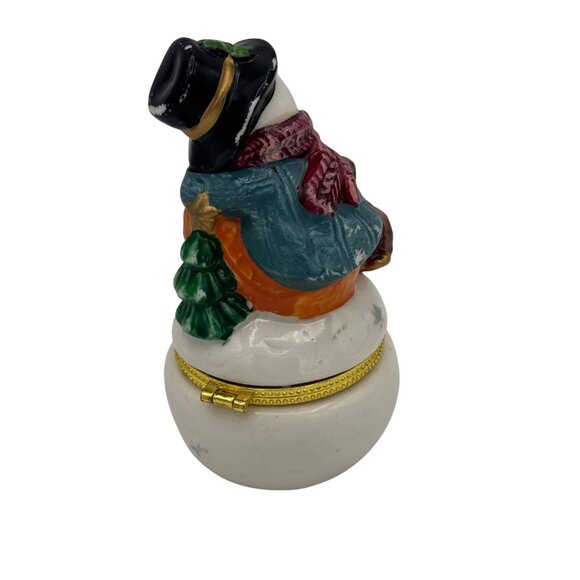 Vintage Snowman Porcelain Trinket Box With Dog Figurine & Gold Trim - Picture 3 of 6